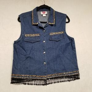 Vtg St. Joanne M/L Top Vest Blue Denim Leopard Beaded Fringe Boho Festival FLAW